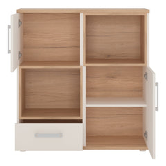 4Kids 2 Door 1 Drawer Cupboard with 2 open shelves in Light Oak and white High Gloss (opalino handles)