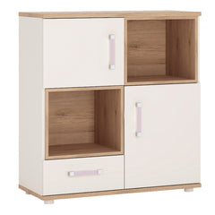 4Kids 2 Door 1 Drawer Cupboard with 2 open shelves in Light Oak and white High Gloss (lilac handles)