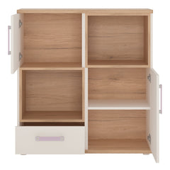 4Kids 2 Door 1 Drawer Cupboard with 2 open shelves in Light Oak and white High Gloss (lilac handles)