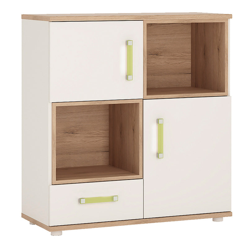 4Kids 2 Door 1 Drawer Cupboard with 2 open shelves in Light Oak and white High Gloss (lemon handles)