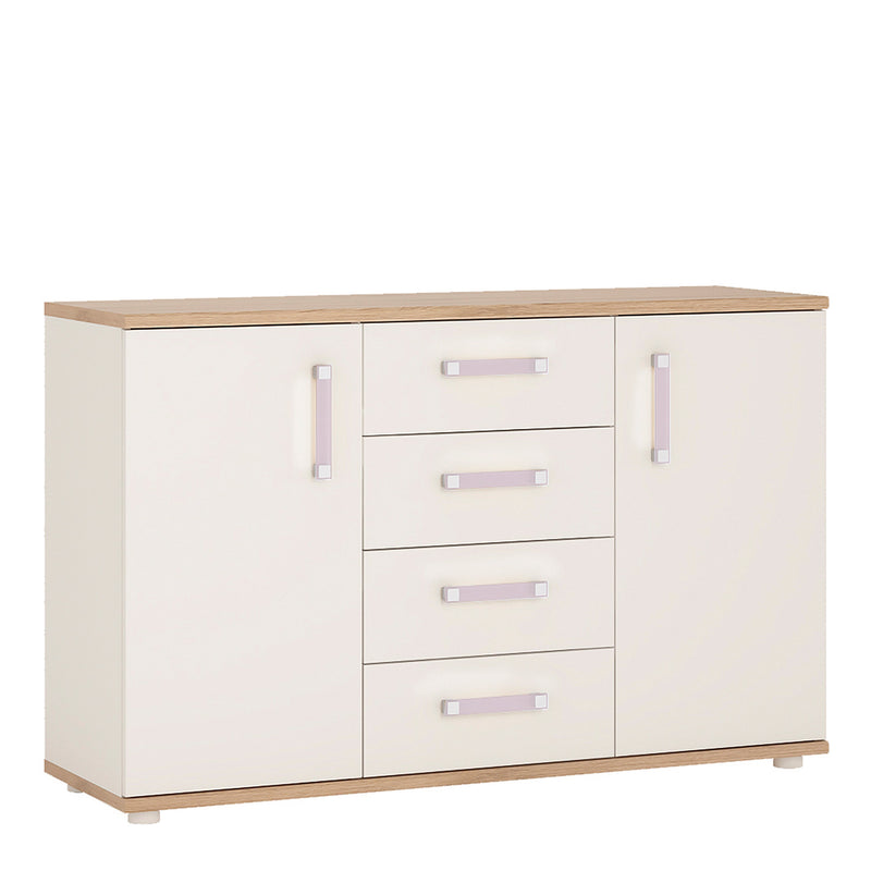 4Kids 2 Door 4 Drawer Sideboard in Light Oak and white High Gloss (lilac handles)