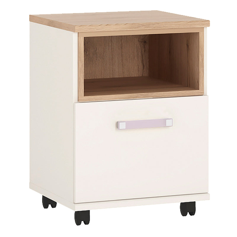 4Kids 1 Door Desk Mobile in Light Oak and white High Gloss (lilac handles)