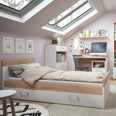 Trundle Single Bed with under Drawer in Light Oak and white High Gloss (opalino handles)