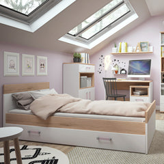 Trundle Single Bed with under Drawer in Light Oak and white High Gloss (lilac handles)