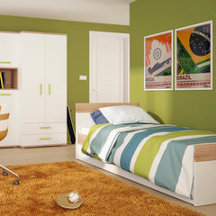 Trundle Single Bed with Under beds Drawer in Light Oak and white High Gloss (lemon handles)