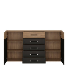 Monaco 2 door 5 drawer wide cupboard in Oak and Black