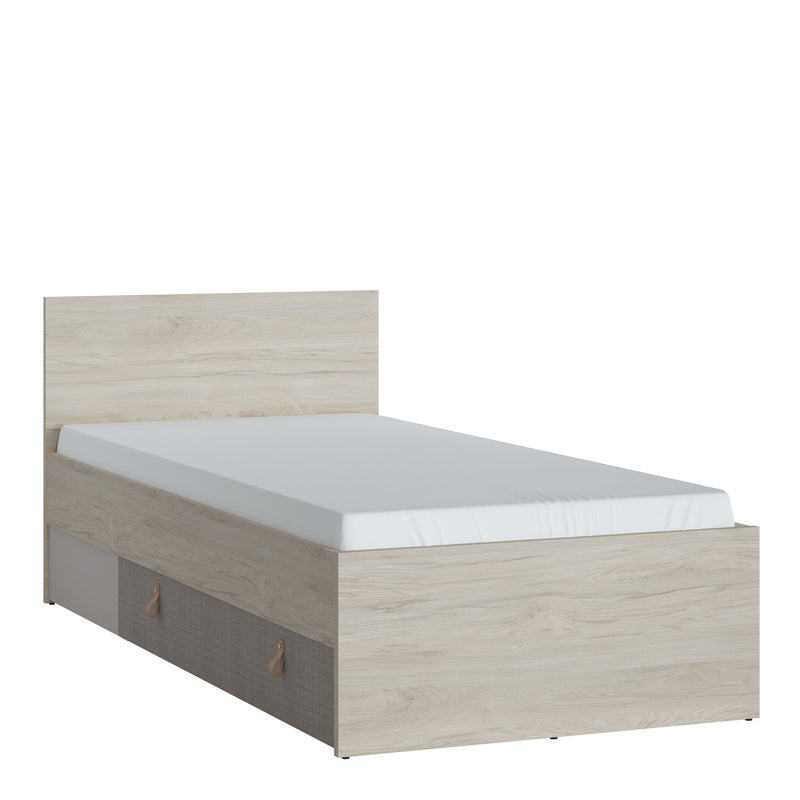 Denim 90cm Single Bed with 1 Drawer in Light Walnut, Grey Fabric Effect and Cashmere