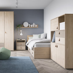 Denim 90cm Single Bed with 1 Drawer in Light Walnut, Grey Fabric Effect and Cashmere