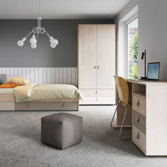 Denim 3 Drawer Desk in Light Walnut, Grey Fabric Effect and Cashmere